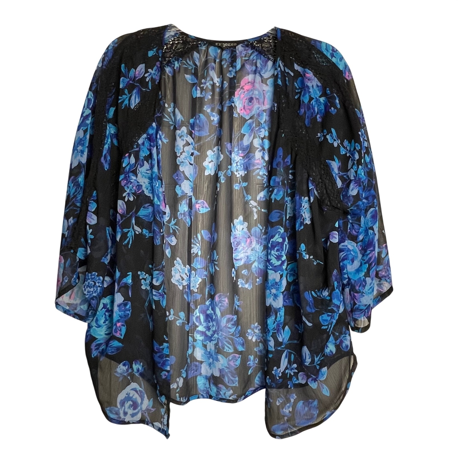 Express Womens Sheer Floral Lace Kimono Cardigan Blue Medium 00400374
